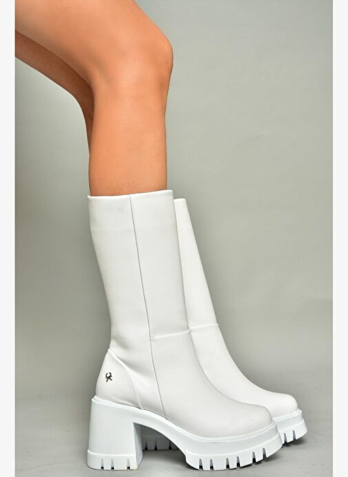 T973790109 Beyaz Kalın Topuklu Kadın Çizme - Görsel 3