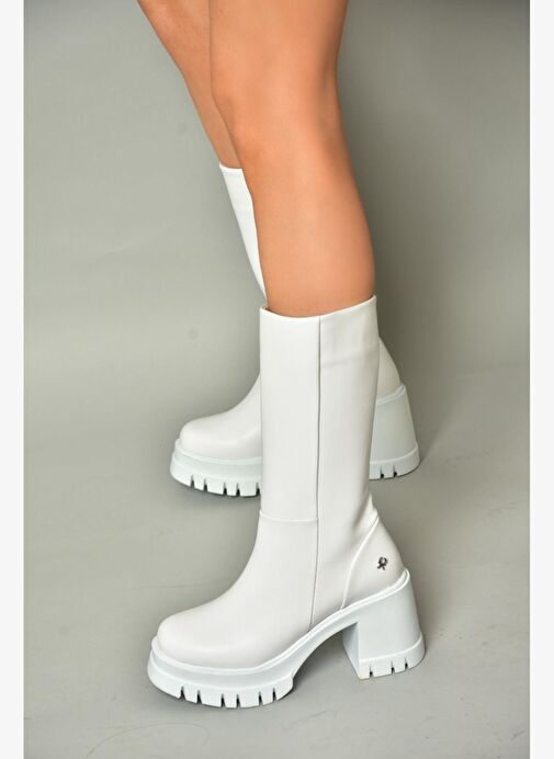 T973790109 Beyaz Kalın Topuklu Kadın Çizme - Görsel 4