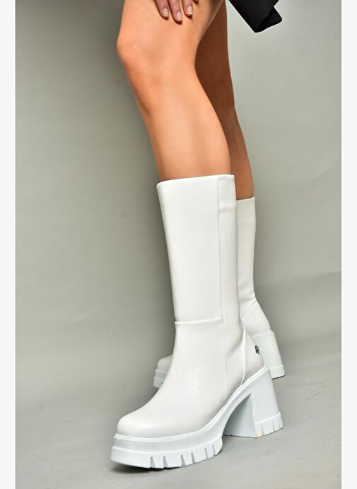 T973790109 Beyaz Kalın Topuklu Kadın Çizme - Görsel 5