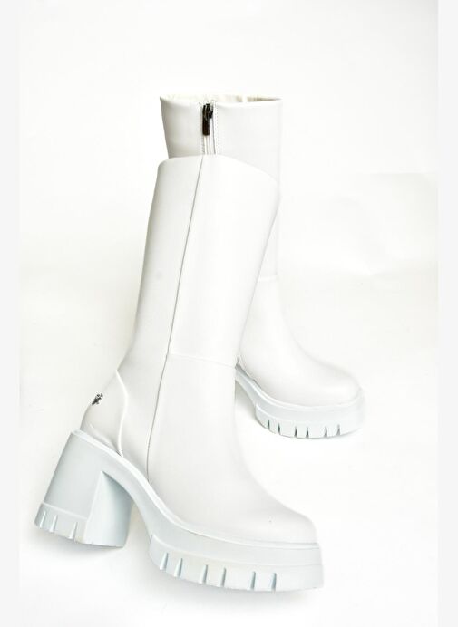 T973790109 Beyaz Kalın Topuklu Kadın Çizme - Görsel 9