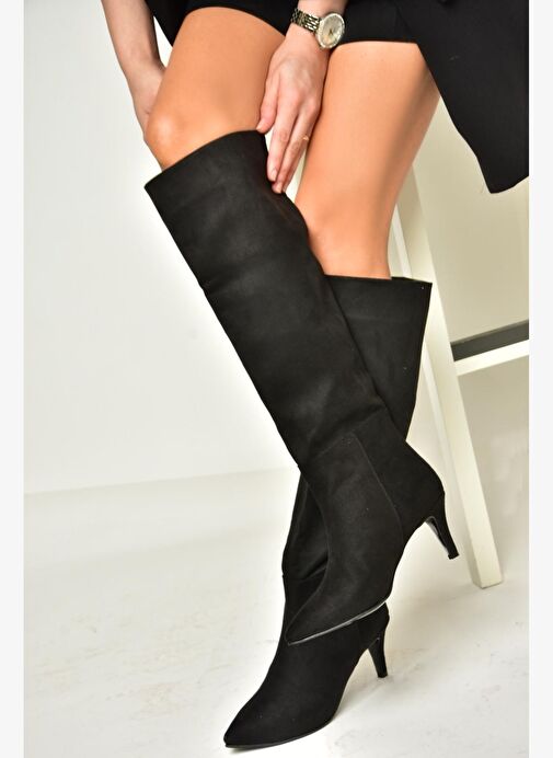 N749204002 Siyah Süet Alçak Topuklu Kadın Çizme - Görsel 2