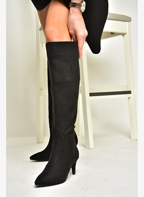 N749204002 Siyah Süet Alçak Topuklu Kadın Çizme - Görsel 4