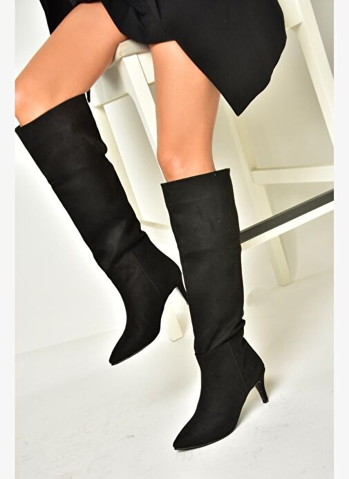 N749204002 Siyah Süet Alçak Topuklu Kadın Çizme - Görsel 5