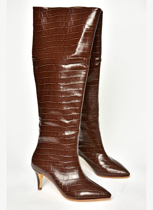N749204011 Kahverengi Kroko Baskı Alçak Topuklu Kadın Çizme - Görsel 7