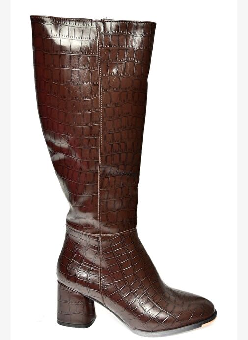 J848300111 Kahverengi Kroko Baskı Kalın Topuklu Kadın Çizme - Görsel 7