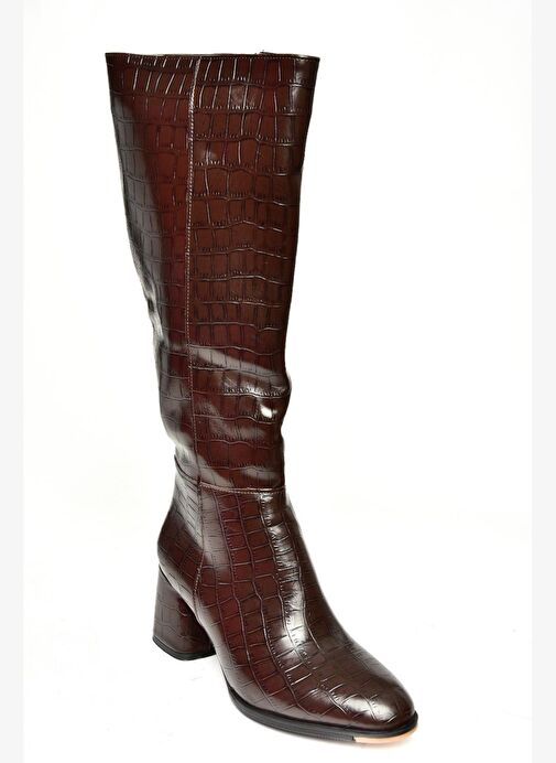 J848300111 Kahverengi Kroko Baskı Kalın Topuklu Kadın Çizme - Görsel 8