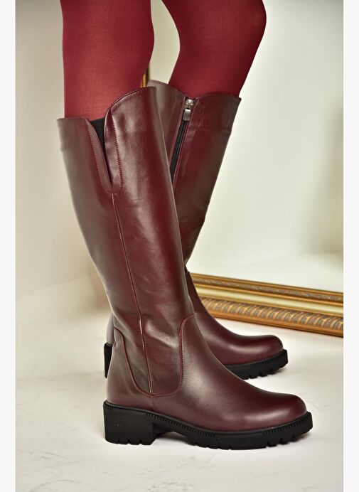 N654226103 Bordo Hakiki Deri Günlük Kadın Çizme - Görsel 2