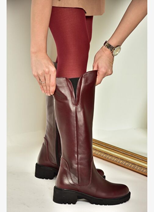 N654226103 Bordo Hakiki Deri Günlük Kadın Çizme - Görsel 3
