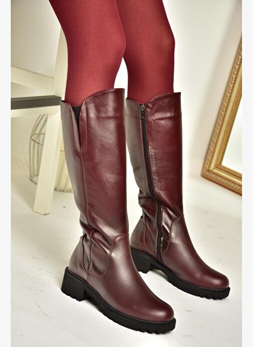 N654226103 Bordo Hakiki Deri Günlük Kadın Çizme - Görsel 4