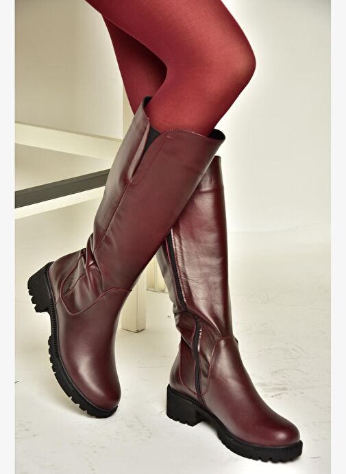 N654226103 Bordo Hakiki Deri Günlük Kadın Çizme - Görsel 5
