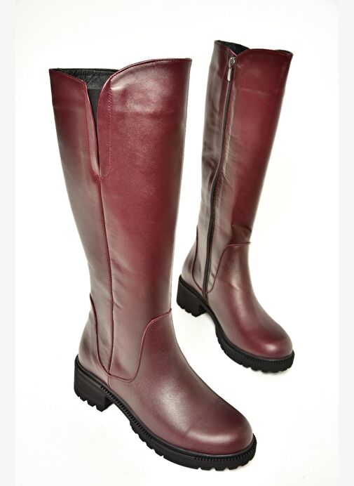 N654226103 Bordo Hakiki Deri Günlük Kadın Çizme - Görsel 6