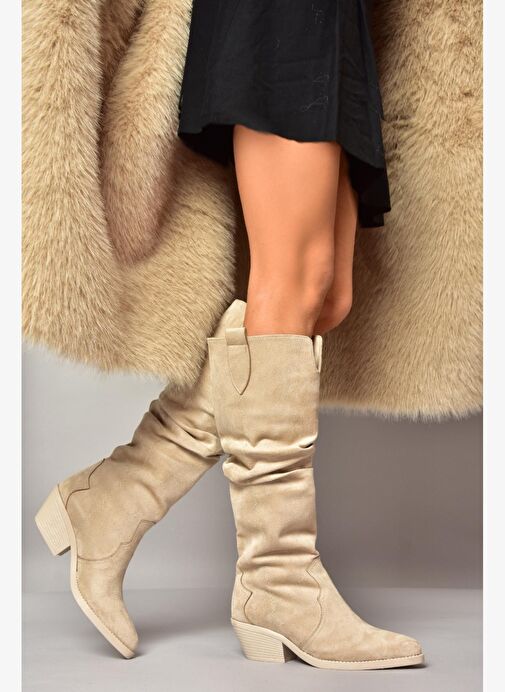 T404401002 Ten Süet Büzgülü Kadın Çizme - Görsel 2