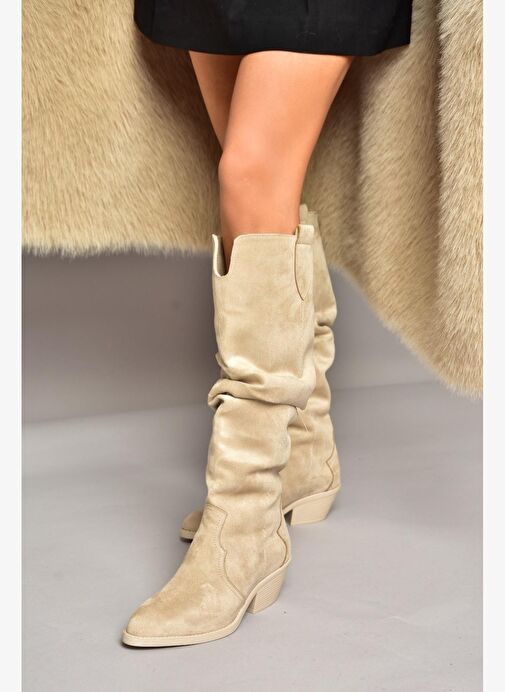 T404401002 Ten Süet Büzgülü Kadın Çizme - Görsel 3