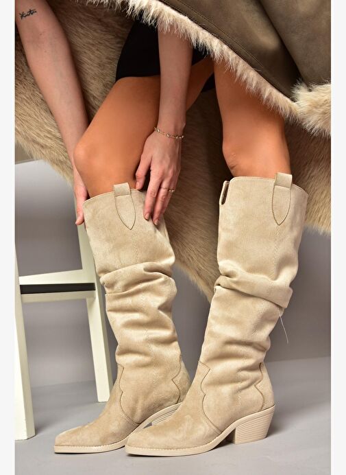 T404401002 Ten Süet Büzgülü Kadın Çizme - Görsel 4