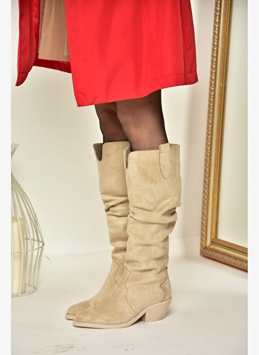 T404401002 Ten Süet Büzgülü Kadın Çizme - Görsel 6