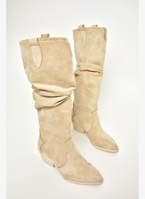 T404401002 Ten Süet Büzgülü Kadın Çizme - Görsel 7