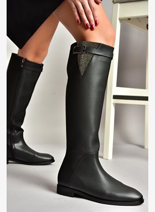 T820109209 Siyah Taş Detaylı Kadın Çizme - Görsel 2