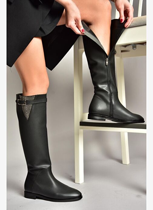 T820109209 Siyah Taş Detaylı Kadın Çizme - Görsel 5