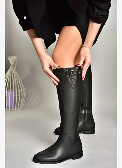 T820109209 Siyah Taş Detaylı Kadın Çizme - Görsel 6