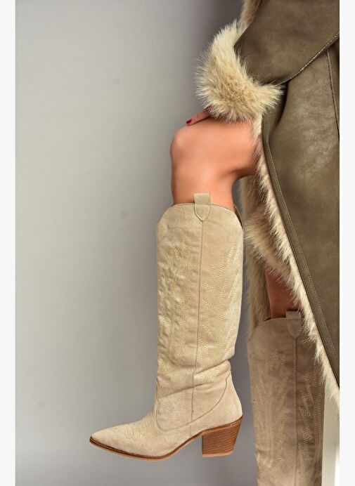 T267765202 Bej Süet Kovboy Model Kadın Çizme - Görsel 2