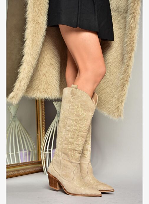 T267765202 Bej Süet Kovboy Model Kadın Çizme - Görsel 5