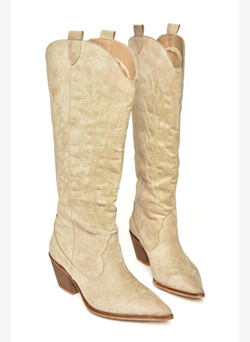 T267765202 Bej Süet Kovboy Model Kadın Çizme - Görsel 6