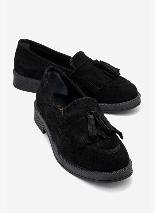 MİLİNA Siyah Süet Püsküllü Hakiki Deri Kadın Loafer Ayakkabı - Görsel 2