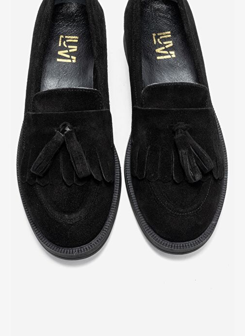 MİLİNA Siyah Süet Püsküllü Hakiki Deri Kadın Loafer Ayakkabı - Görsel 3