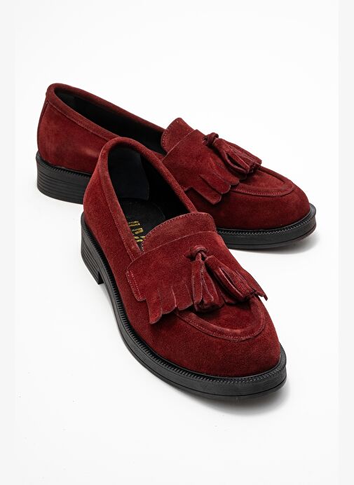 MİLİNA Bordo Süet Püsküllü Hakiki Deri Kadın Loafer Ayakkabı - Görsel 2
