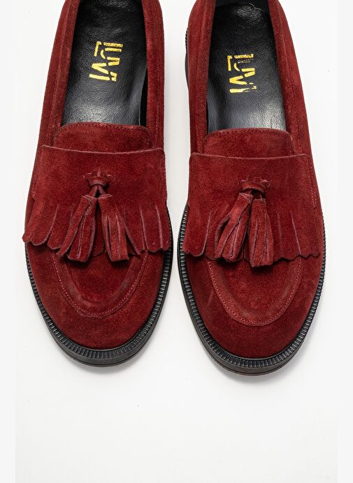 MİLİNA Bordo Süet Püsküllü Hakiki Deri Kadın Loafer Ayakkabı - Görsel 3