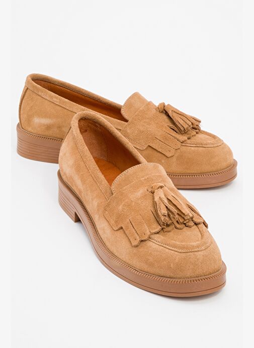 MİLİNA Toprak Süet Püsküllü Hakiki Deri Kadın Loafer Ayakkabı - Görsel 2