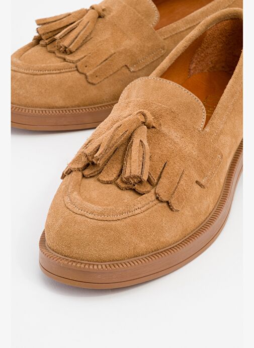 MİLİNA Toprak Süet Püsküllü Hakiki Deri Kadın Loafer Ayakkabı - Görsel 4