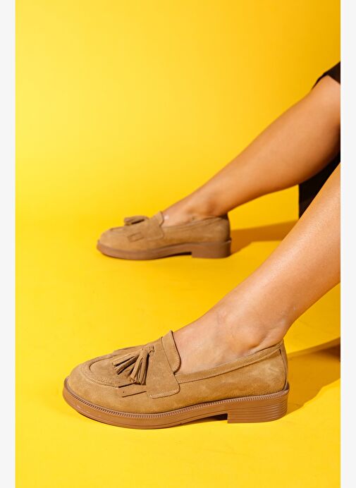 MİLİNA Toprak Süet Püsküllü Hakiki Deri Kadın Loafer Ayakkabı - Görsel 6