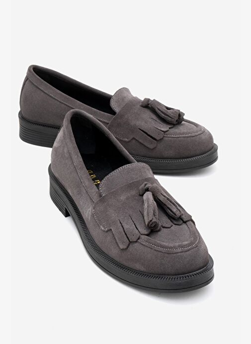 MİLİNA Füme Süet Püsküllü Hakiki Deri Kadın Loafer Ayakkabı - Görsel 2