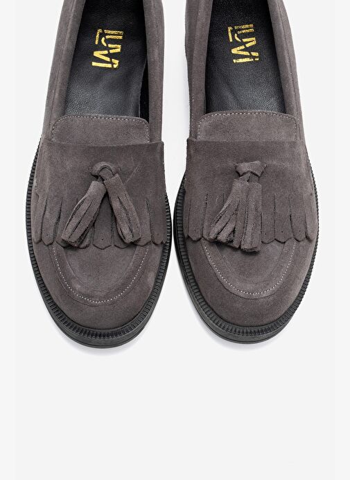 MİLİNA Füme Süet Püsküllü Hakiki Deri Kadın Loafer Ayakkabı - Görsel 3