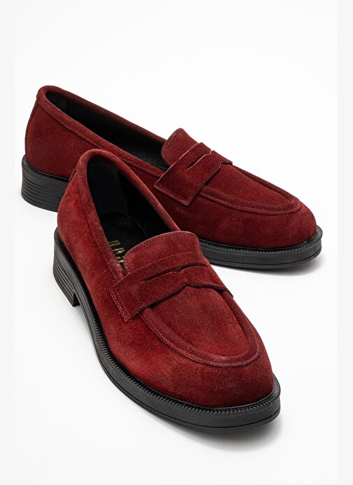 PLİNE Bordo Süet Hakiki Deri Kadın Loafer Ayakkabı - Görsel 2
