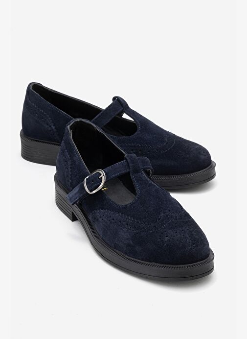 JANNEY Lacivert Süet Hakiki Deri Bantlı Kadın Loafer Ayakkabı - Görsel 2