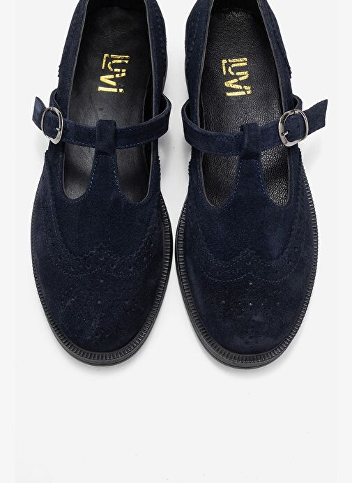 JANNEY Lacivert Süet Hakiki Deri Bantlı Kadın Loafer Ayakkabı - Görsel 3