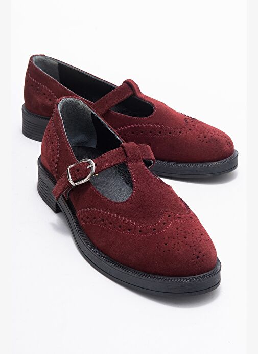 JANNEY Bordo Süet Hakiki Deri Bantlı Kadın Loafer Ayakkabı - Görsel 2