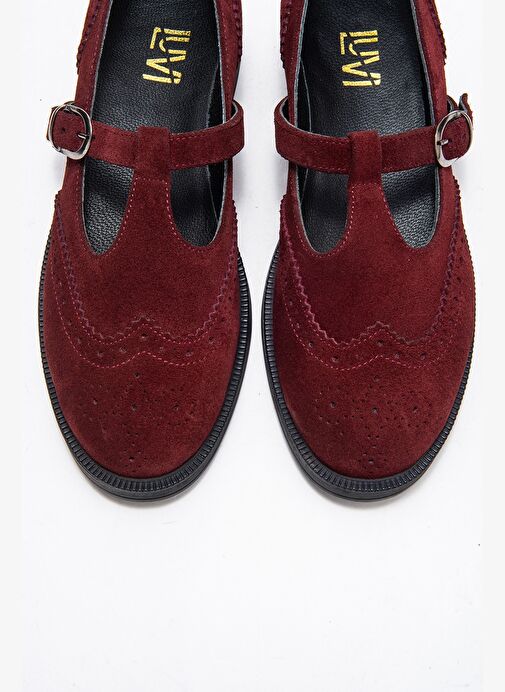 JANNEY Bordo Süet Hakiki Deri Bantlı Kadın Loafer Ayakkabı - Görsel 3