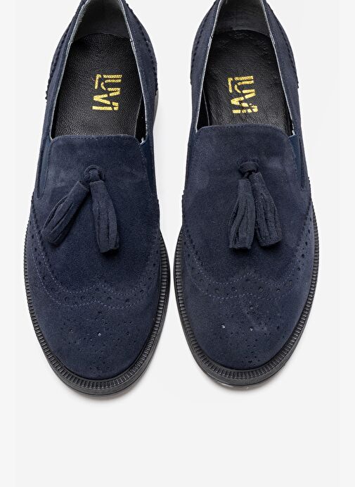ALEX Lacivert Süet Hakiki Deri Püsküllü Lastikli Kadın Loafer Ayakkabı - Görsel 3