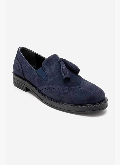 ALEX Lacivert Süet Hakiki Deri Püsküllü Lastikli Kadın Loafer Ayakkabı - Görsel 4