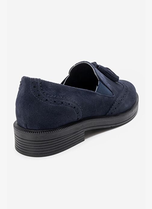 ALEX Lacivert Süet Hakiki Deri Püsküllü Lastikli Kadın Loafer Ayakkabı - Görsel 6