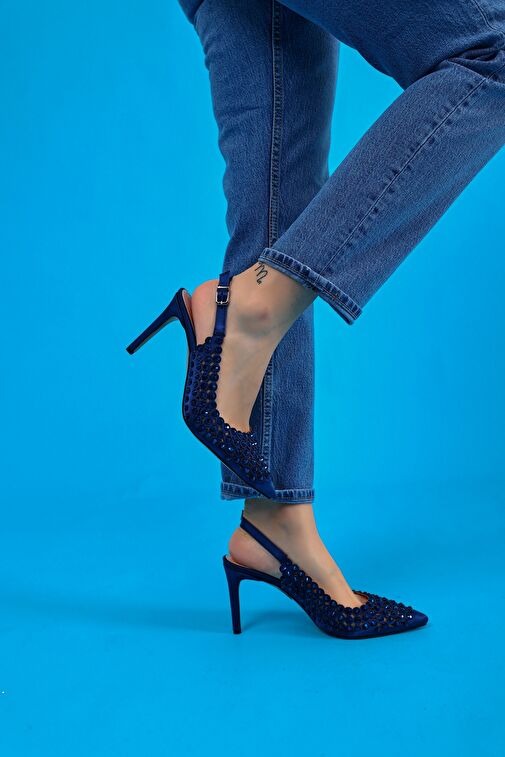 Sakura Kadın Topuklu Sandalet Lacivert Saten - Görsel 4