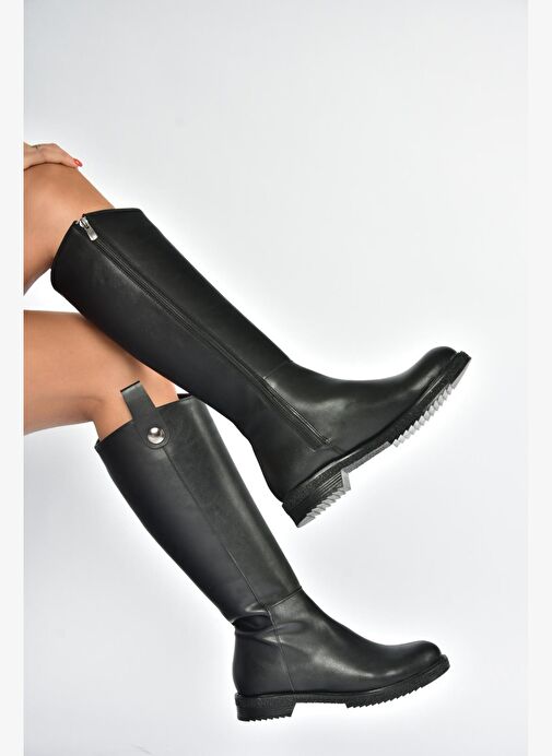 V965012009 Siyah Düz Tabanlı Klasik Kadın Çizme - Görsel 3