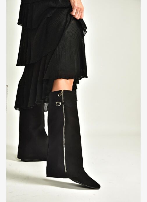 V380526402 Siyah Süet Düz Taban Fermuar Detaylı Kadın Çizme - Görsel 2