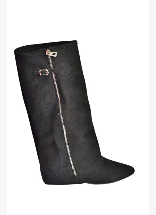 V380526402 Siyah Süet Düz Taban Fermuar Detaylı Kadın Çizme - Görsel 5