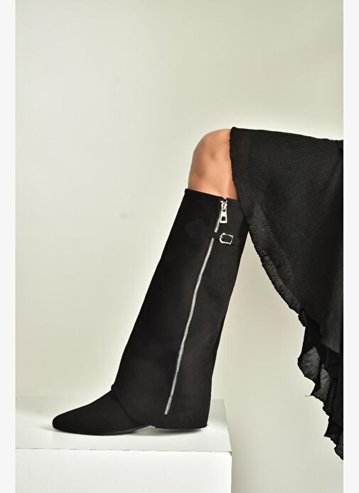 V380526402 Siyah Süet Düz Taban Fermuar Detaylı Kadın Çizme - Görsel 7