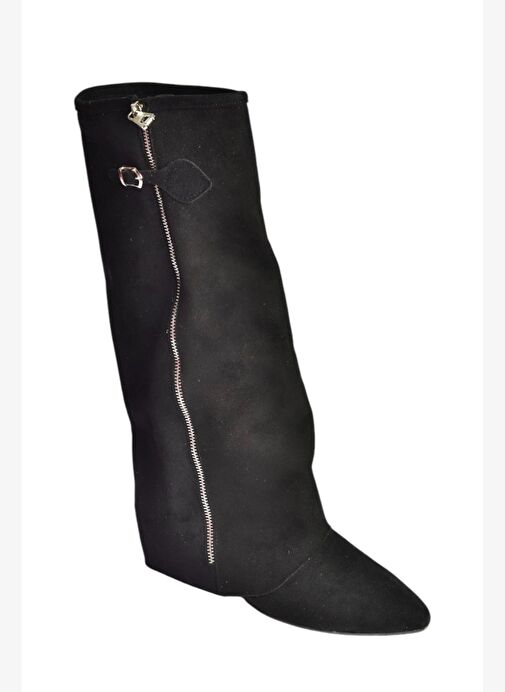 V380526402 Siyah Süet Düz Taban Fermuar Detaylı Kadın Çizme - Görsel 8