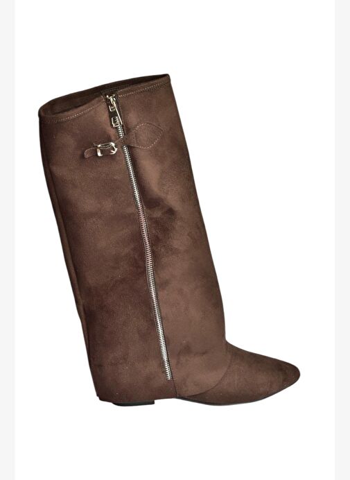 V380526402 Kahverengi Süet Düz Taban Fermuar Detaylı Kadın Çizme - Görsel 6